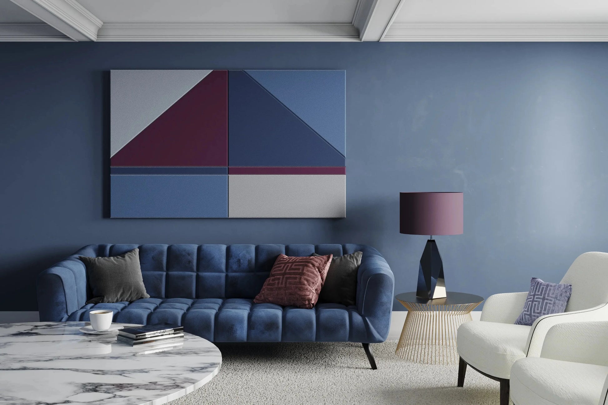 Acoustic Wall Art Panels SAIL 4 in blue living room interior Decormania UK