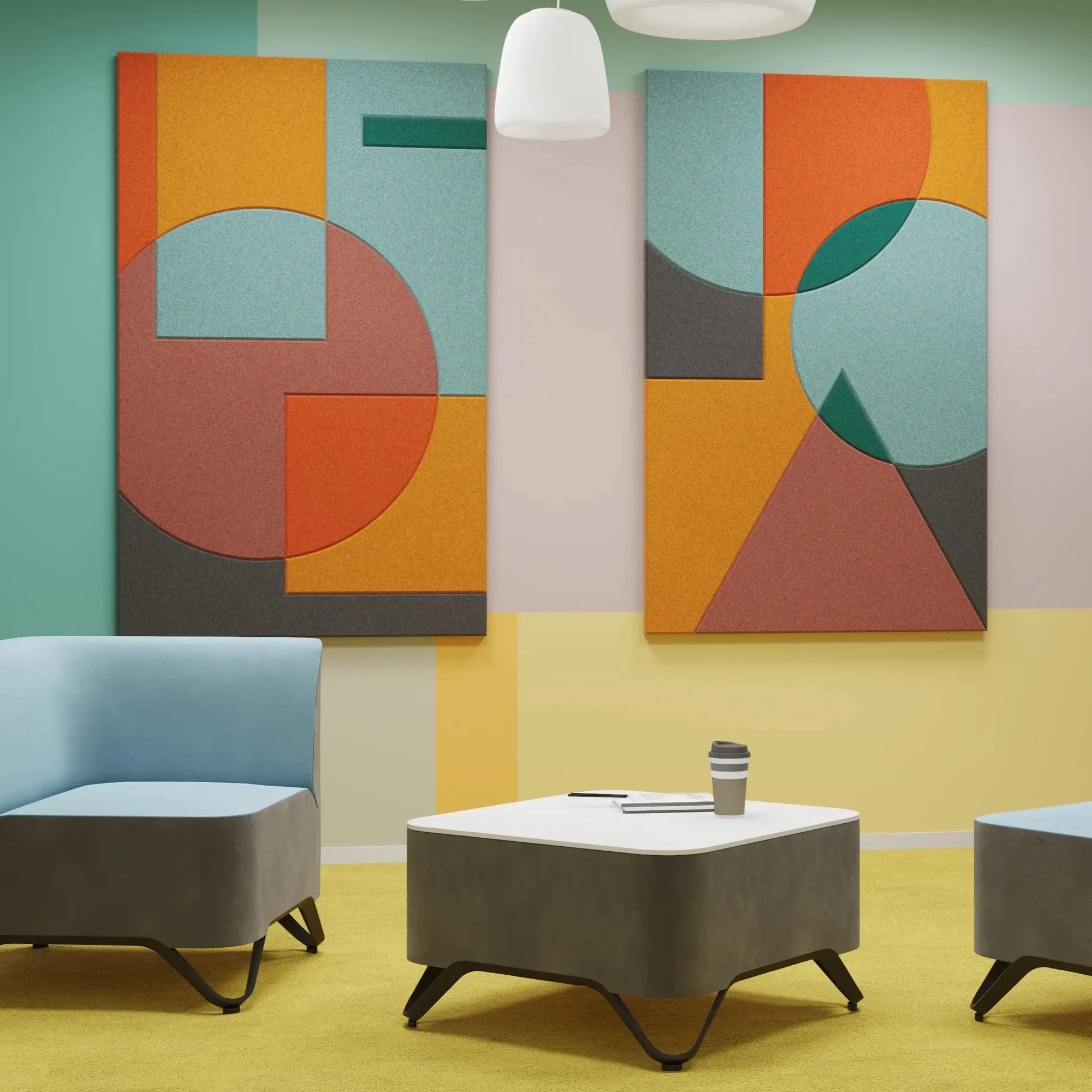 Acoustic Wall Art Panels SHAPES 4 in colorful interior Decormnia UK